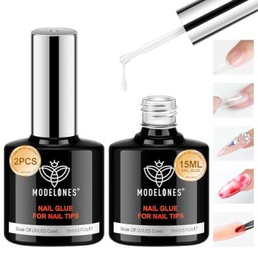 Imagem de Modelones 5 in 1 Nail Glue Base Coat Nail Polish Set Brush On Gel Nail Glue 15ml for Rhinestone, False Nails, Base Gel, Blooming Nail Art Gel Nail Kit for Acrylic Nails U V Lamp Needed