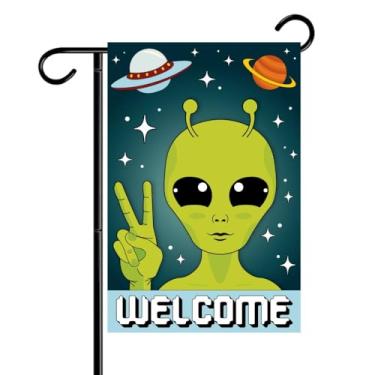 Imagem de Welcome Alien Bandeira de jardim frente e verso 30,5 x 45,7 cm, decoração de jardim ao ar livre, bandeira de boas-vindas para gramado, fazenda e pátio