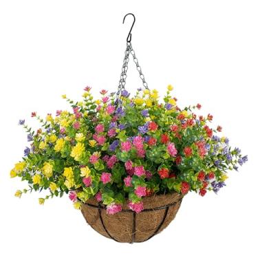 Imagem de NETAP Cesta de flores artificiais para decoração de primavera e verão ao ar livre, flores falsas parecem realmente resistentes aos raios UV, plantas falsas para varanda, varanda, pátio, jardim,
