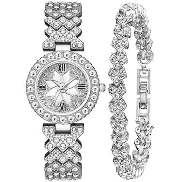 Imagem de ADSBIAOYE Relógios de pulso femininos de luxo com incrustação de cristal, relógio de quartzo moderno casual relógio feminino, 01 Prata, Decoração de lazer