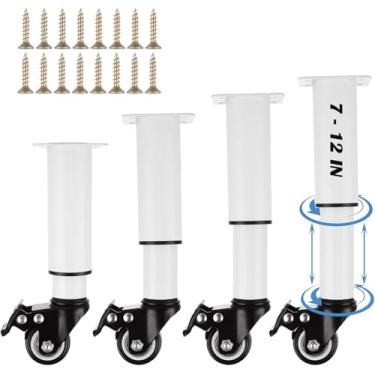 Imagem de LOPYXBR Conjunto de 4 pernas de móveis ajustáveis de metal com rodas de 19 a 12 polegadas brancas ajustáveis com rodízios, suporte de cama resistente com pernas de mesa de freio com rodas para