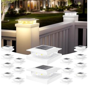 Imagem de APONUO Luzes de poste solares para postes de cerca de 10 x 12 x 12 cm, à prova d'água, IP64, LED, para uso externo, deck, jardim, pátio, luzes de quintal com 2 modos, ligar/desligar automático,