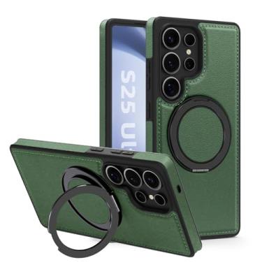 Imagem de Newhalper Capa magnética de couro adequada para Samsung Galaxy S25 Ultra [compatível com MagSafe] [Suporte e suporte de anel rotativo de 360 graus] Capa de telefone para Samsung S25 Ultra (verde)