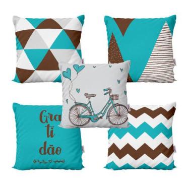Imagem de Almofadas Decorativas Azul Turquesa e Marrom Geométricas Gratidão Para