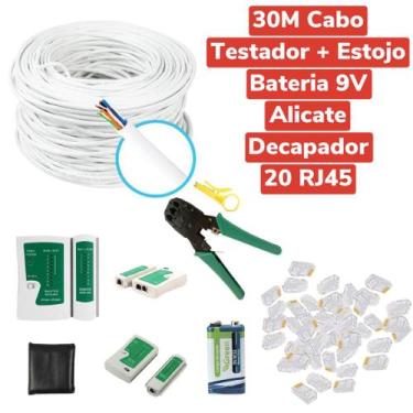 Imagem de Kit 30m Cabo Rede BR +20 Rj45 + Alicate + Testador Cabo+Bateria - MERC