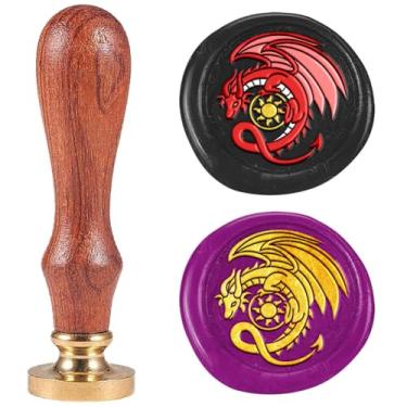 Imagem de DELORIGIN Carimbo de lacre de cera de sol dragão de 2,5 cm carimbos de vedação solar retrô selo de cabeça de latão removível com alça de madeira cera de vedação para cartão de felicitações carta