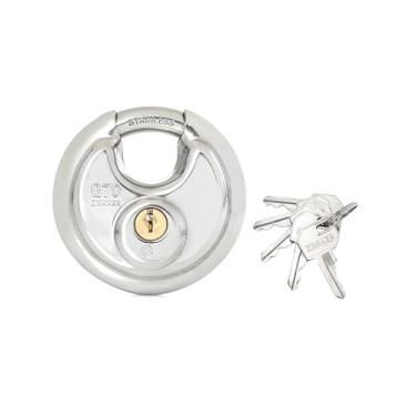 Imagem de Zarker G70 Cadeado de disco com chave de aço inoxidável resistente – Corpo e manilha de aço inoxidável de 70 mm, 5 chaves, garagem, armazéns, ao ar livre, 1 pacote