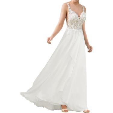 Imagem de Vestido De Noiva Civil Chiffon Praia Moda Nupcial Renda Vestidos De Noiva Com Decote Em V, Branco, Ivory, 48