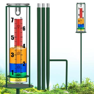 Imagem de Suggant Medidor de chuva ao ar livre, capacidade de 17,78 cm com estaca de metal, medidor de chuva de vidro ao ar livre decorativo com melhor classificação para quintal, jardim, deck, gramado,