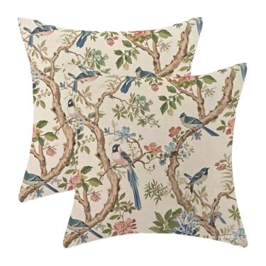 Imagem de Chinoiserie Capas de almofada 45,7 x 45,7 cm, conjunto de 2 capas de almofada rosa, verde, azul, flores, vintage, flores, decorativas, capa de almofada de linho para casa, sofá, decoração ao ar livre