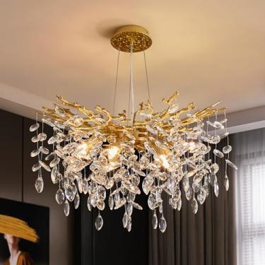 Imagem de witkey Lustre De Cristal Moderno Com Galho De Árvore, Iluminação Pendente De Cristal Dourado De Luxo, 23,6" Lustres Contemporâneos De 8 Luzes Para Sala De Jantar, Cozinha, Quarto E Sala De Estar