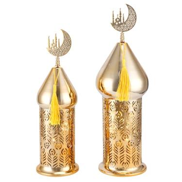 Imagem de TRIROCKS Conjunto De 2 Porta-Velas Elétricos Dourados De 35,5 Cm E 30,5 Cm Com Temporizador, Lanternas Vintage Decorativas De Metal Para Decoração Interna/Externa, Presente Perfeito Para Eid Mubara
