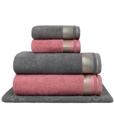 Imagem de Jogo De Toalhas 5 Peças Adulto Gigante Lara Toalha Banho Macia Absorvente Confortável(Gris + Rosa Crochê)