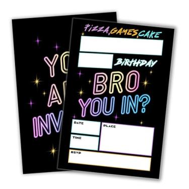 Imagem de JCVUK Cartão de convite de festa de aniversário neon - Game Bro You In? - Cartão de convite de preenchimento dupla face 4 x 6 com 20 envelopes para meninos - Lembranças e suprimentos de festa de