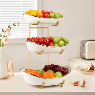 Imagem de Cesta de frutas para balcão de cozinha, cesta de frutas de 3 camadas, tigela de frutas de cerâmica, tigela de frutas para balcão de cozinha, suporte de armazenamento de frutas de porcelana, suporte de