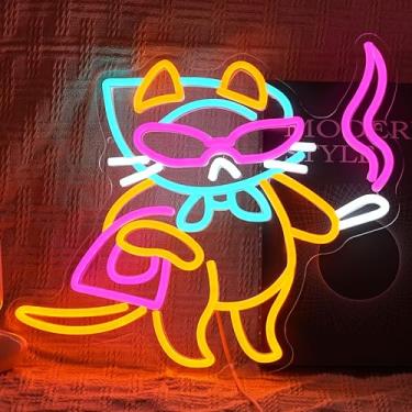 Imagem de BNEMCEZH Letreiro néon Lady Cat alimentado por USB, óculos fixes, para decoração de parede, regulável, moderno, gatinho, luz neon para quarto, sala de estar, homem, caverna, bar, festa, loja de moda