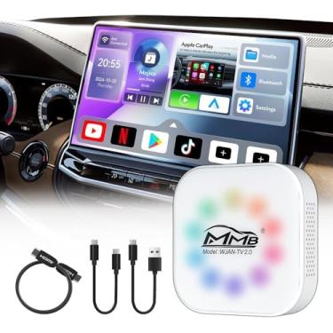 Imagem de MMB Adaptador automotivo sem fio 2 em 1 atualizado para CarPlay e Android, Netflix integrado, aplicativos do YouTube, suporta saída HDMI, luzes ambientais coloridas, adequado para veículos OEM