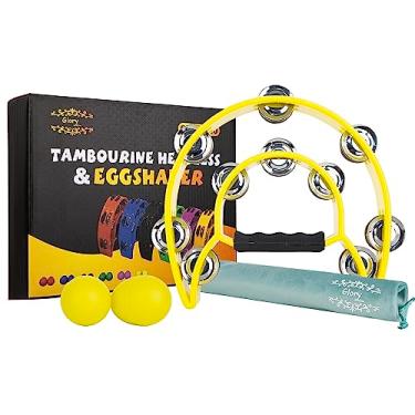 Imagem de Pandeiro Glory Double Row, meia lua dupla fileira metal jingles instrumentos de mão percussão com pega, pandeiristas para adultos, festa, presente, amarelo