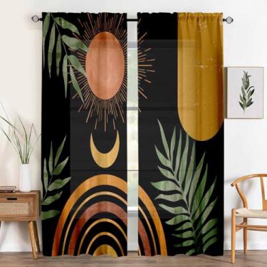 Imagem de Cortinas abstratas pretas de meados do século laranja boho estética cortina de filtragem de luz para sala de estar cortina vintage para quarto semitransparente folhas verdes cortinas de janela sol
