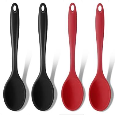 Imagem de GEEKHOM Colheres De Silicone Para Cozinhar, 4 Peças, 8" (20 Cm), Conjunto Utensílios Cozinha Resistentes Ao Calor, Servir E Mexer Cozinhar Antiaderente, Misturar, Regar Assar, Preto Vermelho