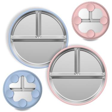 Imagem de POCKBANG Pratos De Aço Inoxidável Para Crianças - 9" Com Divisórias Bebês Capas Silicone Removíveis Bebês, Sucção, Atóxico, Sem Bpa, Lavável Na Máquina Lavar Louça E Micro-Ondas, Conjunto 2 Lanche B