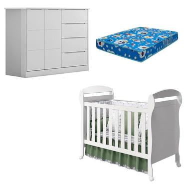 Imagem de Kit Berço Americano Danny e Cômoda Infantil Eloá em MDF com Colchão Incluso Branco para Bebê