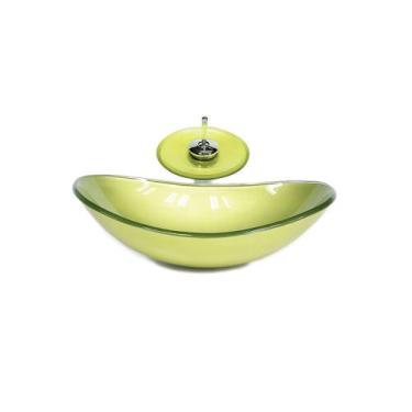 Imagem de Cuba de vidro oval 55cm  verde oliva + valvula + torneira cascata - Cu