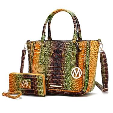 Imagem de MKF Collection Bolsa tiracolo feminina de couro vegano em relevo de crocodilo com alça superior da Mia k, Rb marrom amarelo, Large