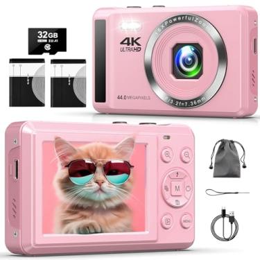 Imagem de Câmera digital - Câmeras digitais UHD 4K 44MP para fotografia - Câmera vlogging de foco automático com zoom de 16X, cartão SD de 32 GB, 2 baterias - Câmera pequena compacta para crianças,