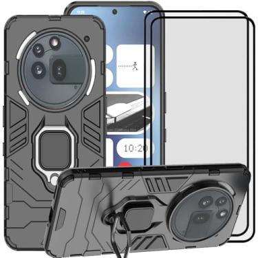 Imagem de LosruGir Capa For Nothing Phone (3a) Pro, 2 em 1 híbrida armadura resistente à prova de choque suporte defensor camada dupla bumper capa dura protetor de tela de vidro temperado, preto