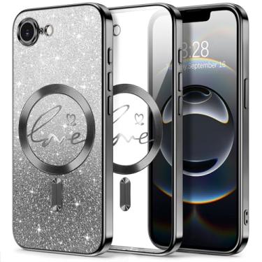 Imagem de Hython Capa para iPhone 16e com glitter, compatível com MagSafe Love Heart Magnetic Clear Phone Cases para mulheres e meninas, proteção total da câmera, revestimento brilhante à prova de choque, preto