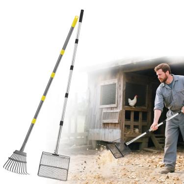 Imagem de Pá e ancinho para cocô de galinha – Colher de 25 cm de largura (91 cm - 196 cm ajustável de comprimento) e ancinho para galinheiro de 11 dentes (91 cm - 199 cm ajustável de comprimento), acessórios