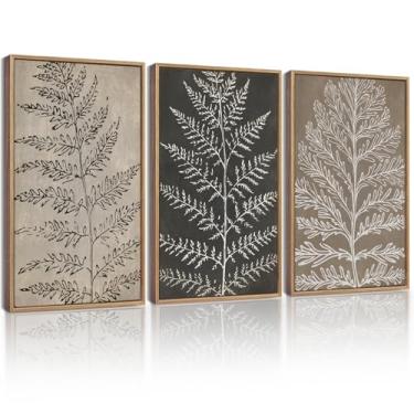 Imagem de KUVIOKE Arte de parede emoldurada botânica vintage boêmia planta bronzeada folha decoração de parede natureza samambaia silhueta pintura de parede decoração de casa 28 x 35 cm (moldura natural)