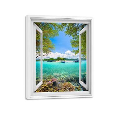Imagem de Impressão em tela emoldurada de madeira arte de parede janela barco paisagem marítima 3D falsa janela vista paisagem pintura natureza imagem impressão em tela arte de parede para sala de estar 40 x 50
