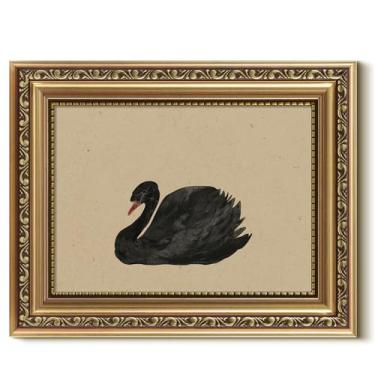 Imagem de VIYYIEA Arte de parede emoldurada a ouro, impressão em tela de cisne negro, decoração de casa, pintura de arte vintage, decoração de parede de banheiro, arte de animais para sala de estar, quarto