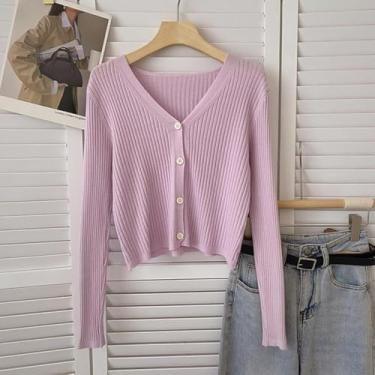 Imagem de Crop Cardigans De Malha Mulheres Slim Manga Comprida Decote Em V Botão Up Casual Soft Chic Básico Jumpers Moda Camisola, Purple, One Size