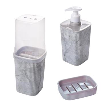 Imagem de Kit Banheiro Porta Sabonete Líquido e Porta Escova de Dente Preto ou Madeira Modelos (Pedra (Plástico))