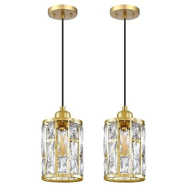 Imagem de Dolaimi House Pacote com 2, 1 luminária de cristal de 13,7 cm, pingente de ilha de cozinha, acabamento dourado, luminária moderna com abajur de metal de cristal para bar, sala de jantar, sala de estar