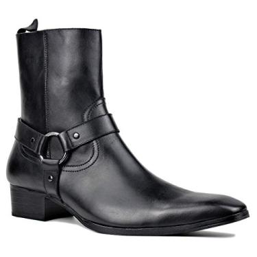 Imagem de Bota de couro Chelsea masculina OSSTONE com salto com zíper lateral e salto retrô JY017, Preto, 7.5