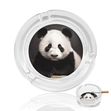 Imagem de Cinzeiro bonito de vidro de cristal de panda preto e branco, redondo, resistente, cinzeiro de fumar, portátil, decorativo, moderno, para uso em casa, escritório, interior, exterior, pátio