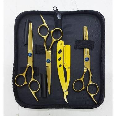 Imagem de Kit 3 Tesouras Profissionais Fio Navalha Desfiadeira Coloridas Dourado