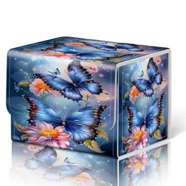 Imagem de WZCJDHMJ Caixa de baralho para cartas MTG serve para mais de 100 cartas de manga única, caixa de armazenamento magnética forte para MTG/TCG/CCG e outros cartões colecionáveis - borboleta azul