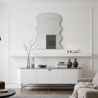 Imagem de Tunjig Espelho de parede ondulado preto 50,8 cm x 71,1 cm retangular recortado, moldura de metal, espelho de banheiro montado na parede para quarto, entrada, sala de estar, vaidade