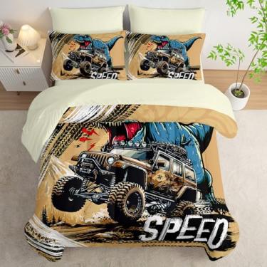 Imagem de AILONEN Jogo de cama casal com desenho animado de caminhões de monstro, dinossauros rugindo, caminhões de esportes radicais, cama em uma bolsa, edredom e lençol de cima, 2 fronhas, 2 fronhas