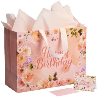 Imagem de GFInYHM Saco de presente de aniversário extra grande de 40,6 cm com papel de seda e cartões, reutilizável, impermeável, não tecido, sacos florais de feliz aniversário com alças, presentes perfeitos