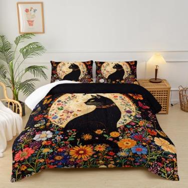 Imagem de lneffble Jogo de cama casal com estampa de gato preto, estampa floral, 1 edredom com 2 fronhas