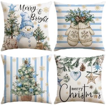 Imagem de OTOSTAR Conjunto de 4 capas de almofada Merry Christmas, 40,6 x 40,6 cm, luvas de boneco de neve alegre e brilhante, listradas, azuis, decorativas, capas de almofada de inverno para sofá