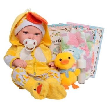 Imagem de Bebê Menina Careca Roupa Amarela Patinho com Pelúcia e Kit - Cegonha R