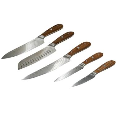 Imagem de Swiss Diamond Conjunto de facas de chef, aço alemão com madeira de freixo carbonizada, cabo completo, facas de chef de lâmina de damasco, grau profissional, 55 + 2 dureza Rockwell, conjunto de 5