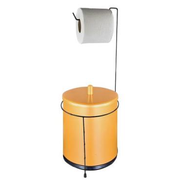 Imagem de Kit Suporte Porta Papel Higiênico Chão Com Lixeira 6,3L Tampa Preto Do